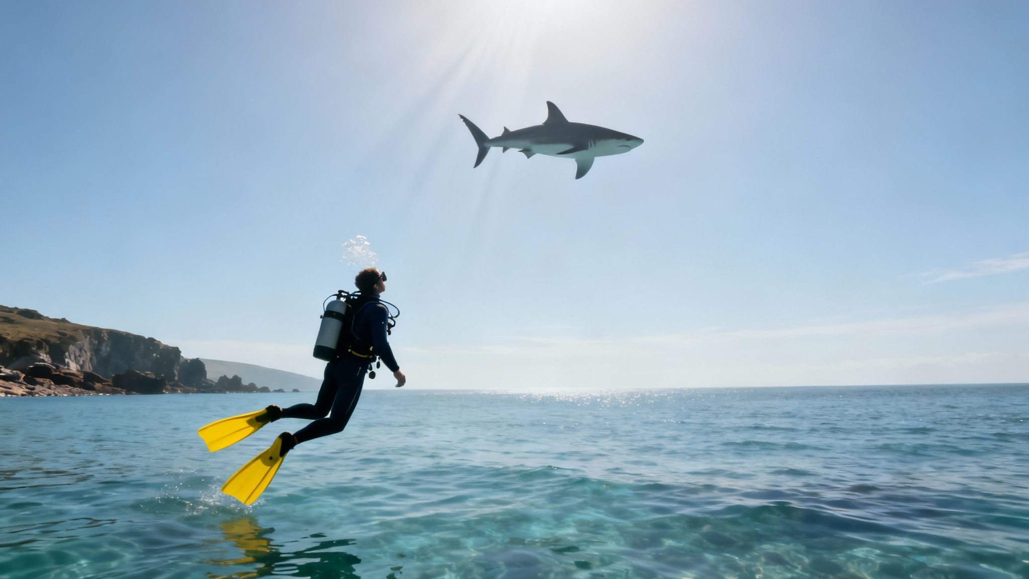A diver looks up from crystal clear water at a shark jumping high against a sunny sky.