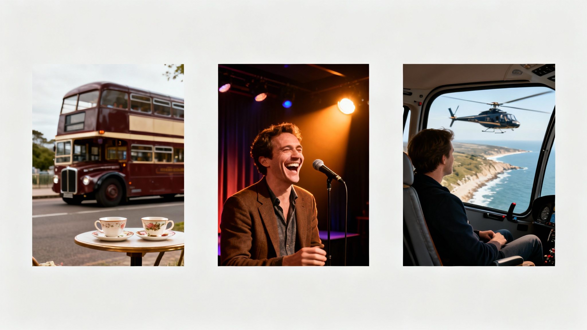 Three distinct scenes: a vintage bus, a live performance, and a helicopter flying over a coast.