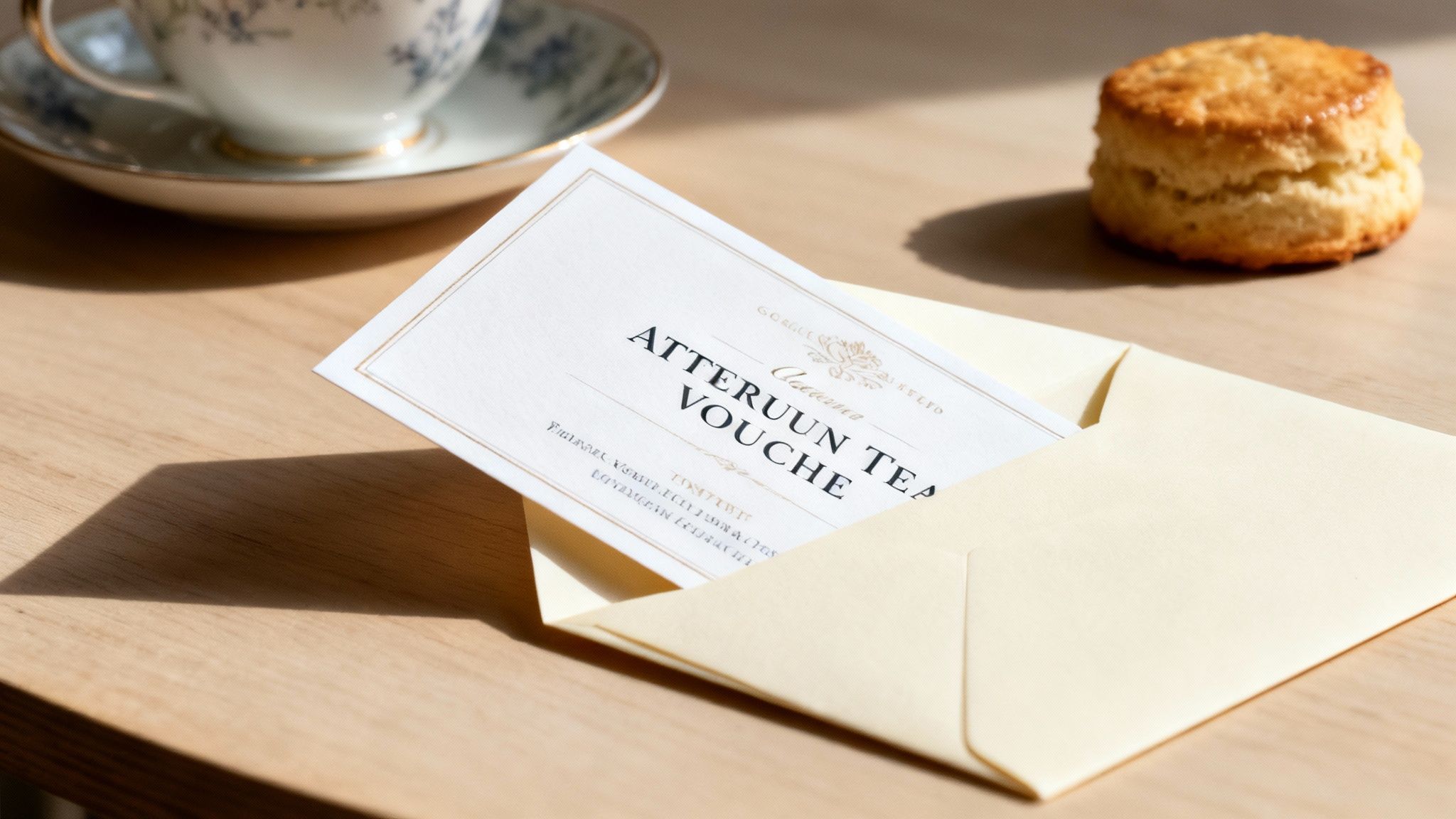Afternoon tea voucher partially removed from an envelope on a wooden table with a scone and teacup.