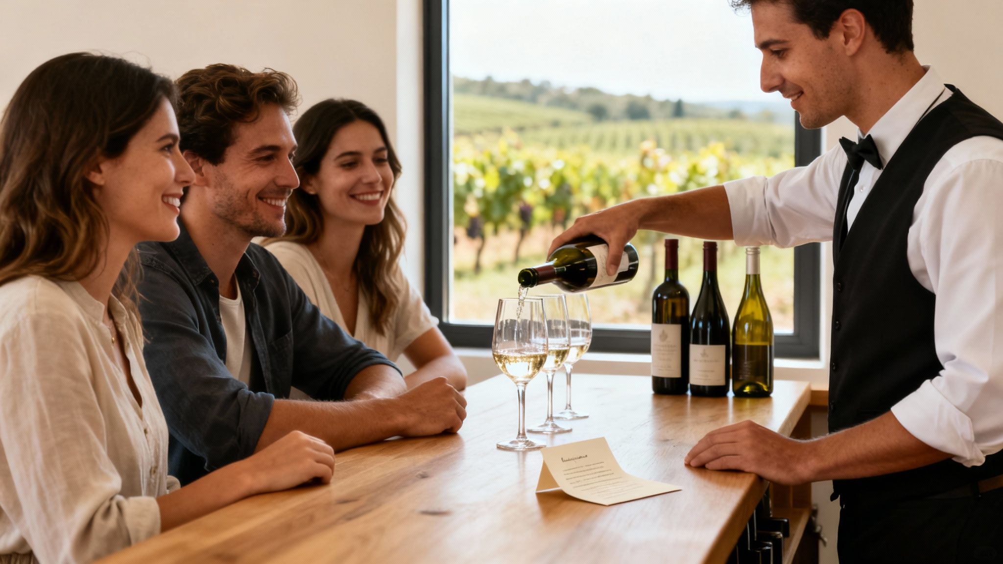 Happy people enjoy a wine tasting experience at a scenic vineyard with a sommelier pouring wine.