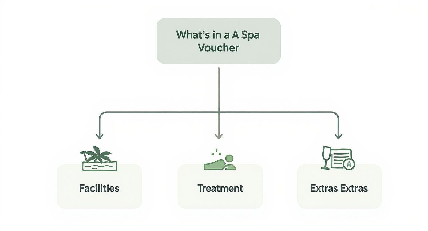 Flowchart showing what's included in a spa voucher: facilities, treatment, and extras.