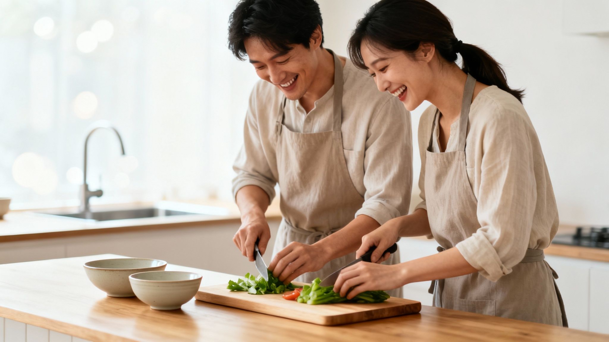 A smiling Asian couple wearing aprons chops vegetables together on a cutting board in a bright kitchen.