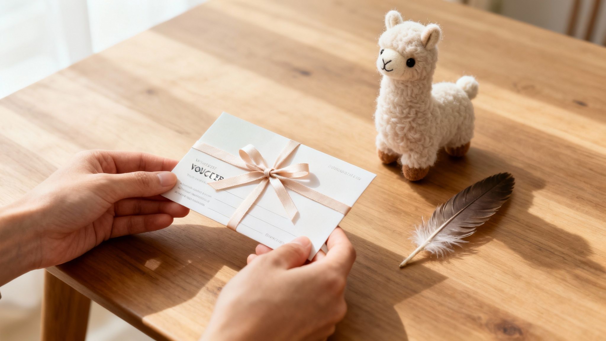 Close-up of hands holding a gift voucher with a pink ribbon, next to an alpaca toy and a feather on a wooden table.