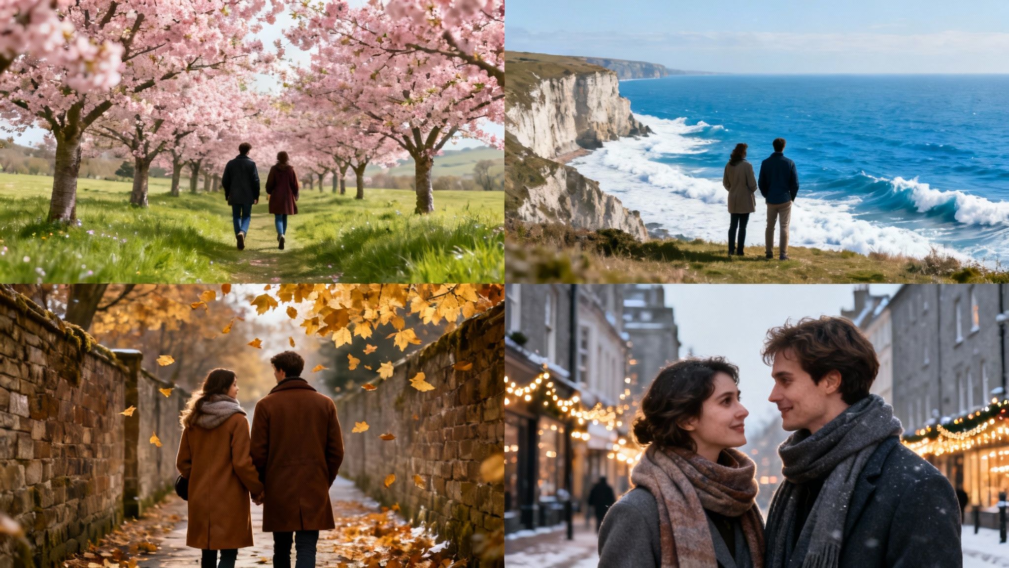 A collage of four images showing couples enjoying different seasons: spring, summer, autumn, and winter.