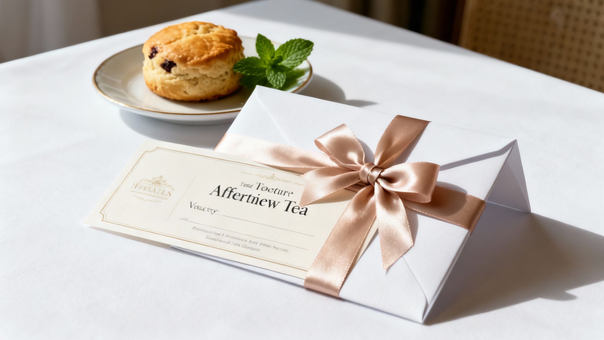 A scone with berries and mint next to a gift-wrapped voucher for an 'Afternoon Tea' experience.