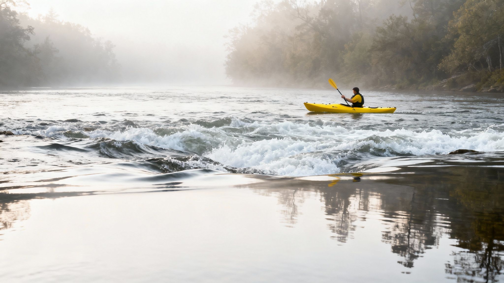 A person in a yellow kayak paddles through river rapids on a misty morning.