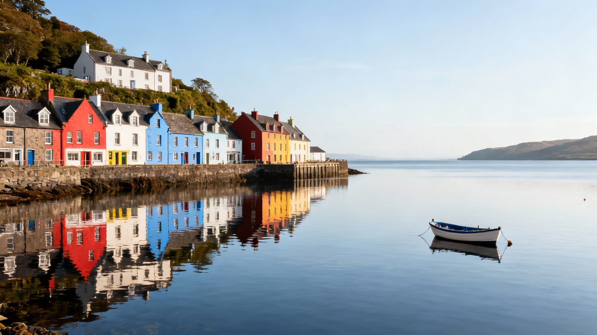 A picturesque row of colorful houses reflected in the still water of a Scottish harbor with a small boat.
