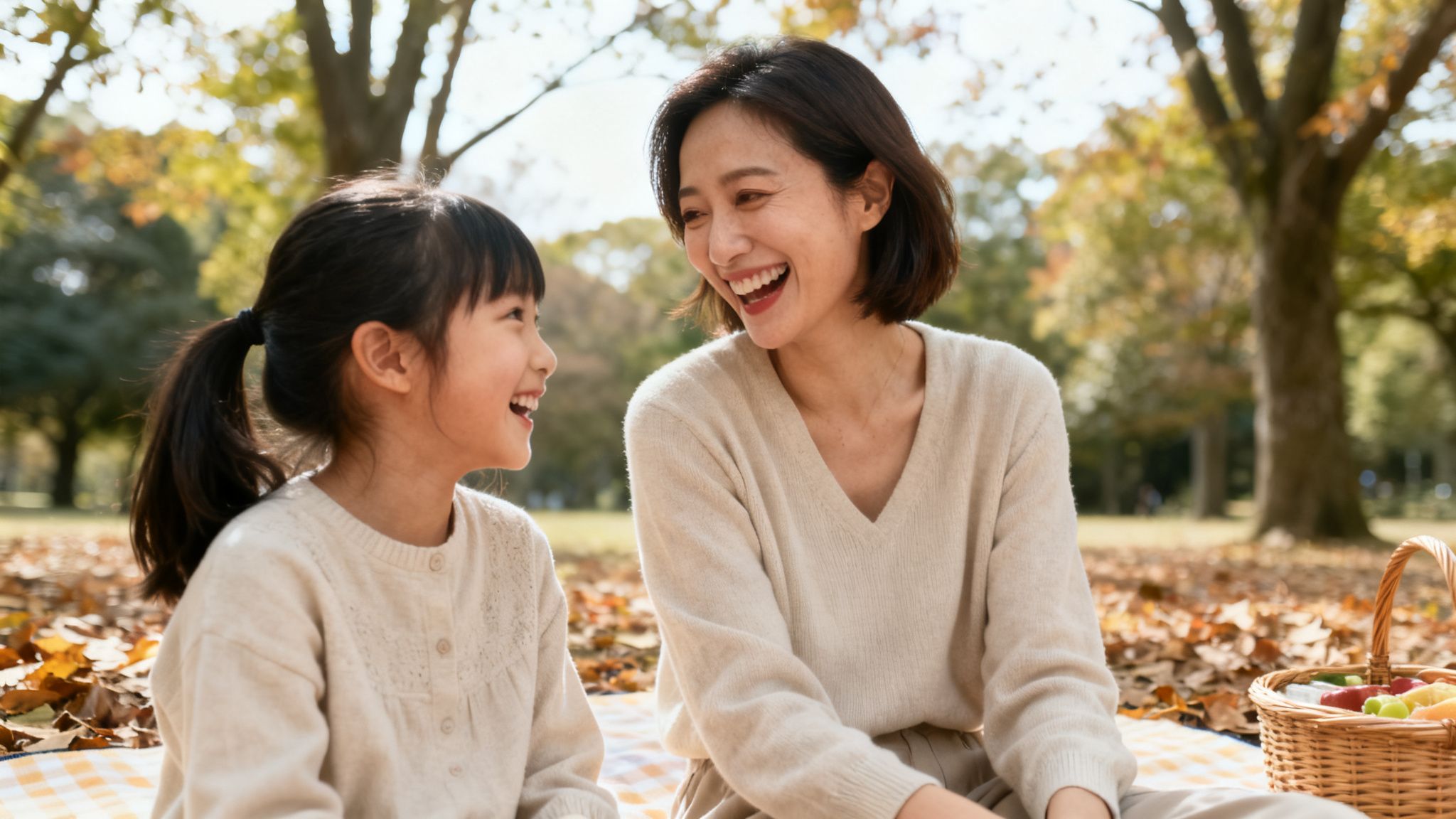 Happy mother and daughter laughing during an autumn picnic in a park.