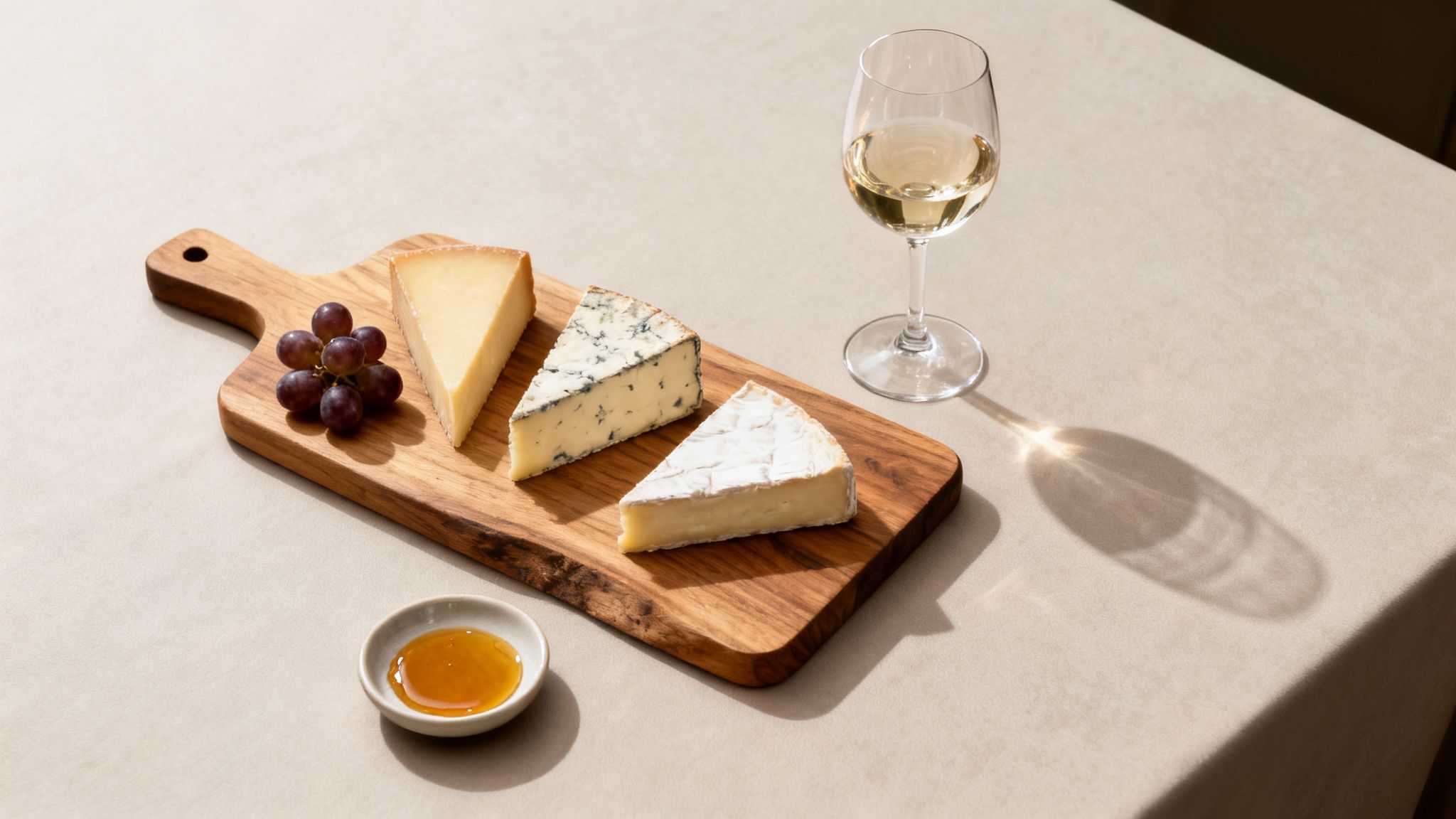 A cheese board featuring three types of cheese, red grapes, a bowl of honey, and a glass of white wine.