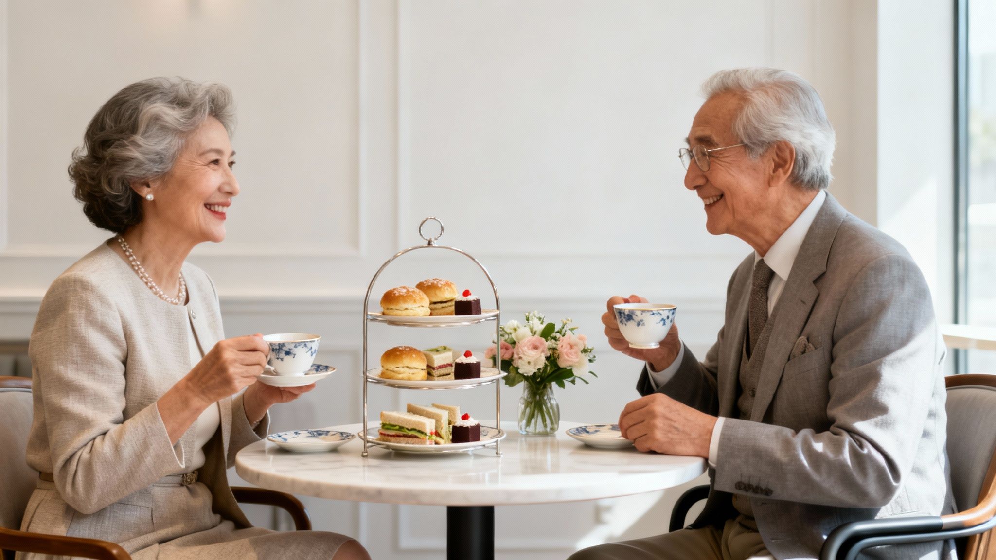 Smiling elderly couple enjoying an elegant afternoon tea with pastries and sandwiches at a cafe.