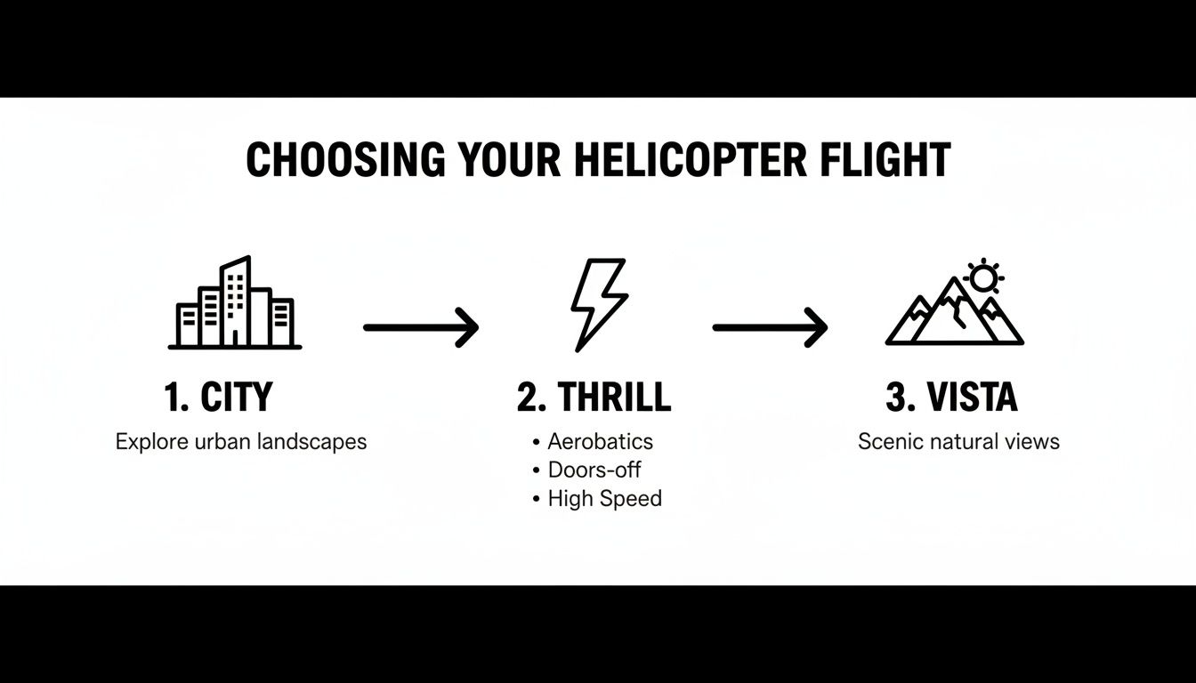 Flowchart showing three helicopter flight options: city, thrill (aerobatics, doors-off, high speed), and vista (scenic views).