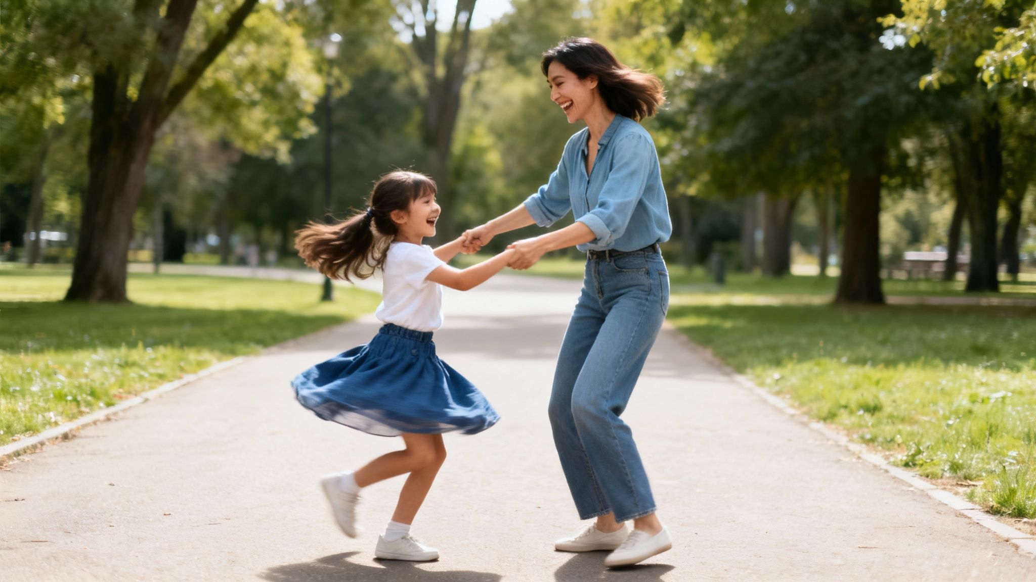 Joyful mother and daughter holding hands and spinning on a sunny park path.