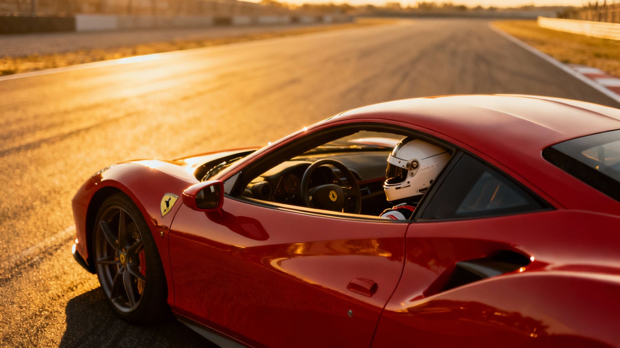 A red Ferrari sports car with a driver in a helmet on a sunlit race track.