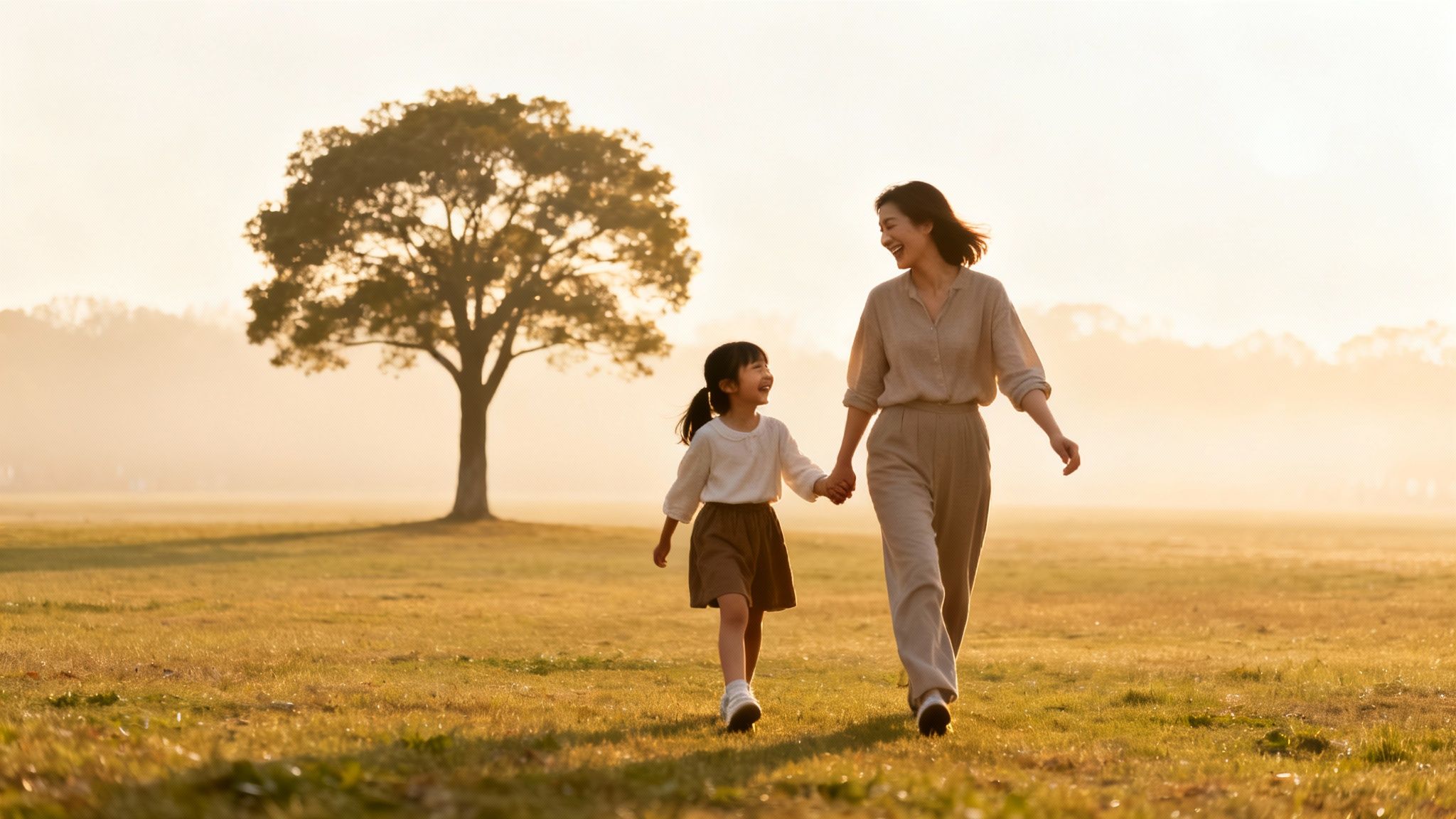 A happy mother and daughter hold hands and walk in a sunny field with a large tree.