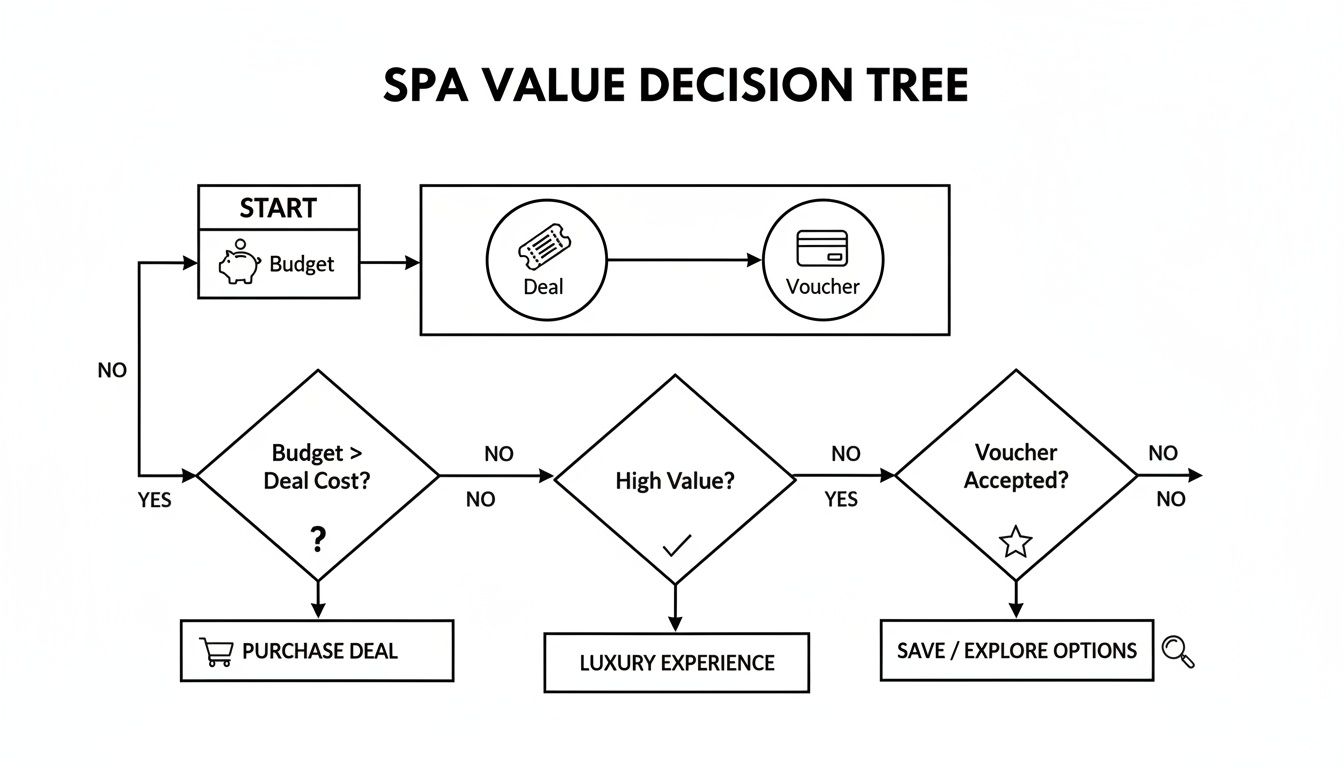 A decision tree flowchart guiding users through purchasing a spa deal based on budget, perceived value, and voucher acceptance.