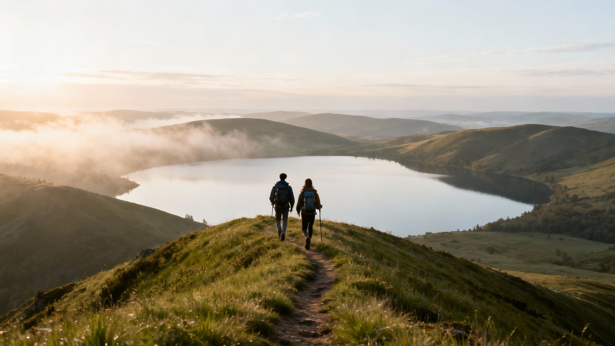 Two hikers walk on a grassy mountain path overlooking a serene lake and misty hills at sunrise.