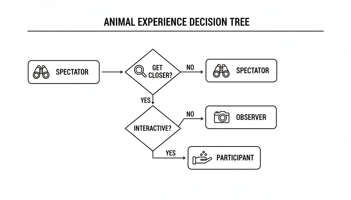 Flowchart illustrating an animal experience decision tree, differentiating spectator, observer, and participant roles.