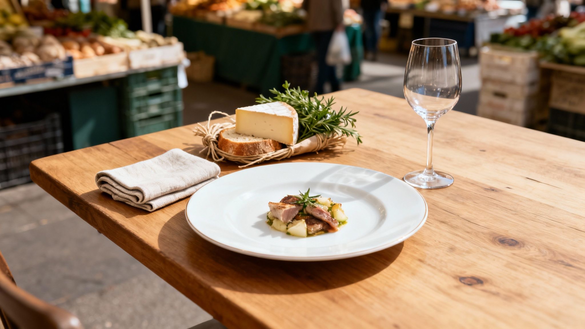 Delicious dish with meat and vegetables, cheese, bread, and wine at a vibrant market.
