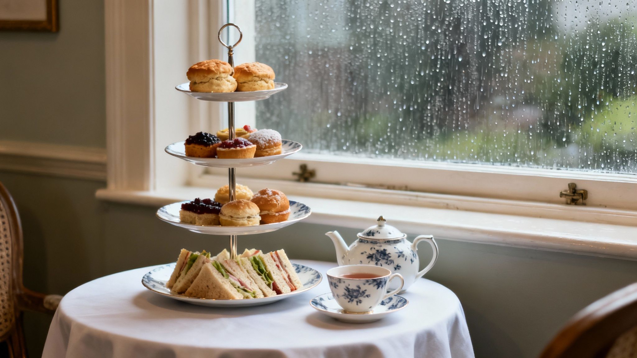 A beautiful afternoon tea setup with pastries, scones, and sandwiches by a rainy window.