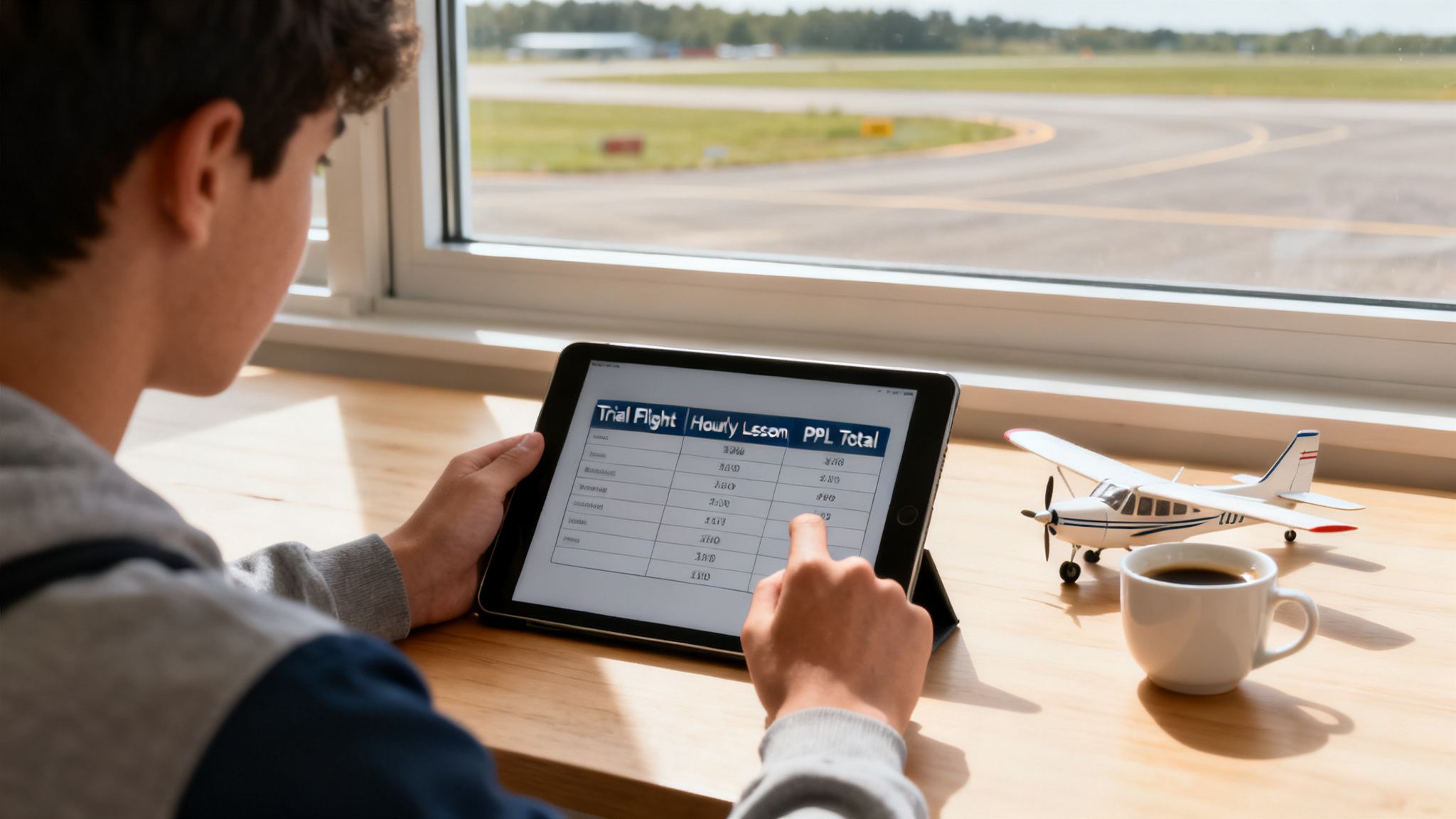 A young person looks at a tablet displaying flight lesson costs, next to a model airplane.