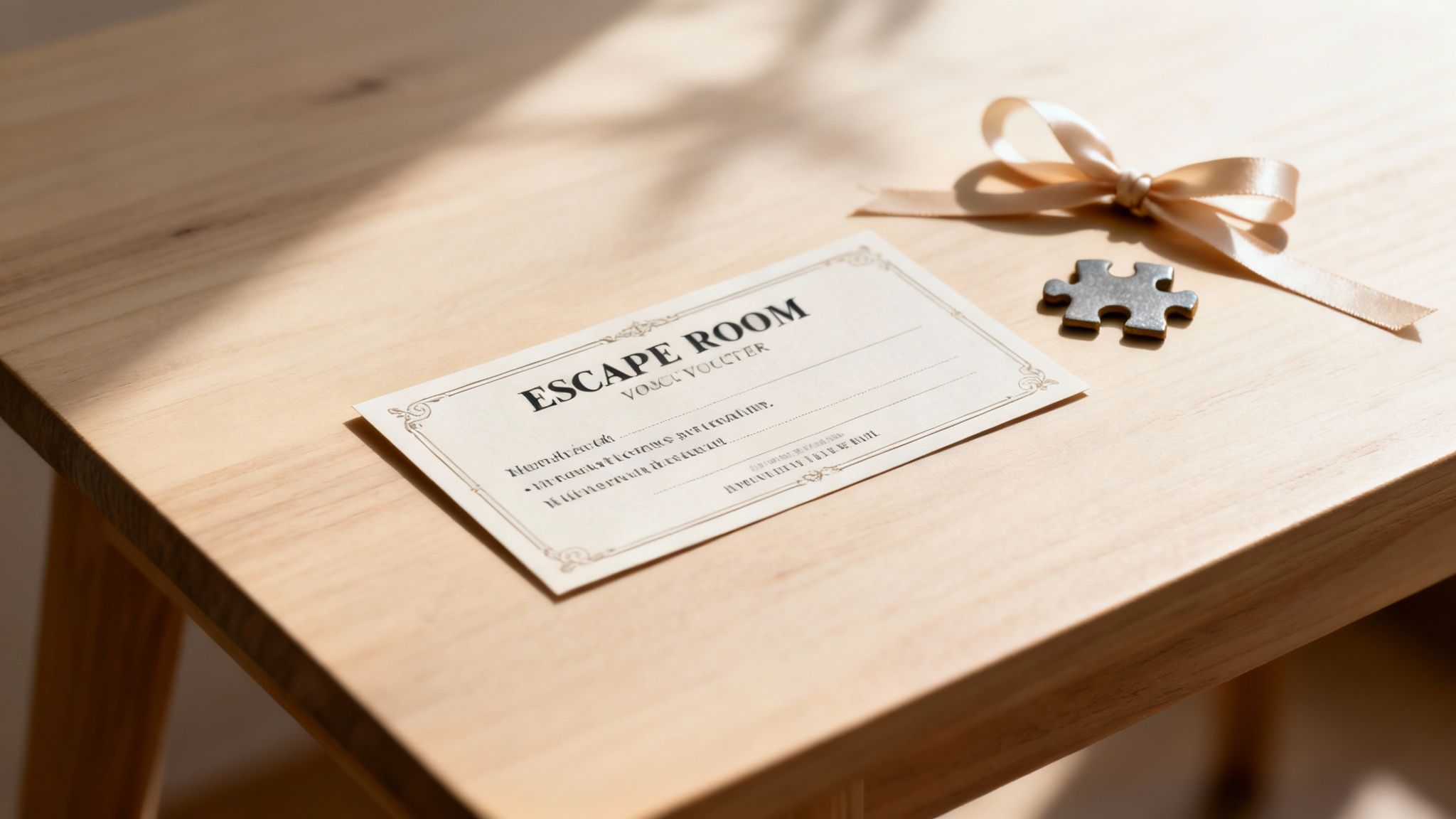 An 'Escape Room' voucher, a silver puzzle piece, and a ribbon on a wooden table.