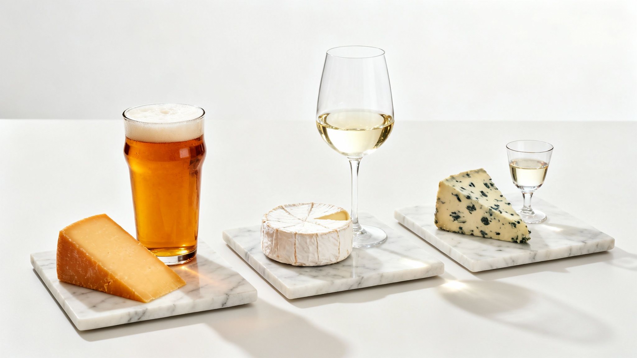 Assortment of cheeses (cheddar, brie, blue) with beer, white wine, and dessert wine for a tasting.