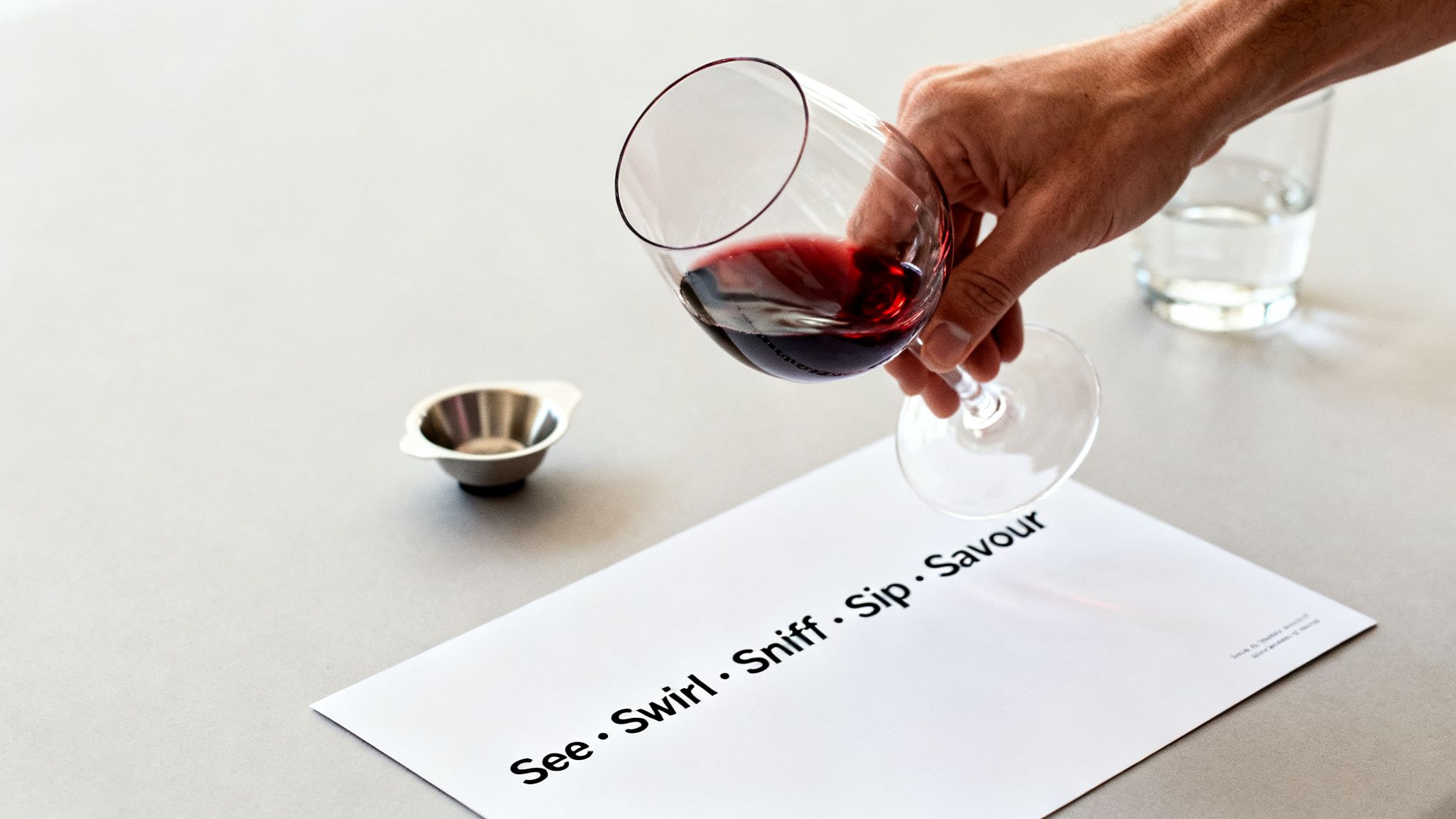 A person's hand holds a glass of red wine over a paper with "See Swirl Sniff Sip Savour" printed.