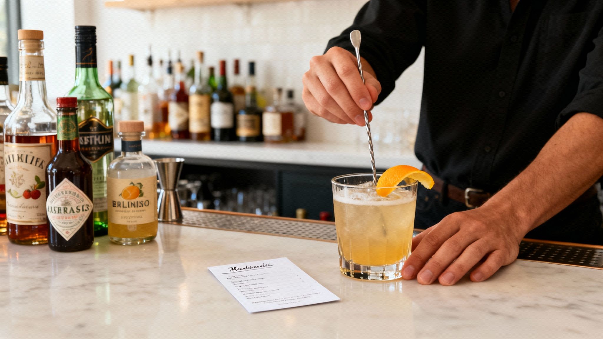 A bartender stirs a cocktail with an orange slice garnish at a bar, surrounded by bottles.