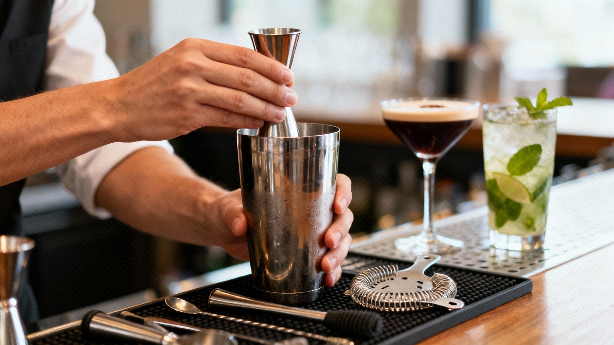 Close-up of a bartender's hands pouring ingredients from a jigger into a metal cocktail shaker.