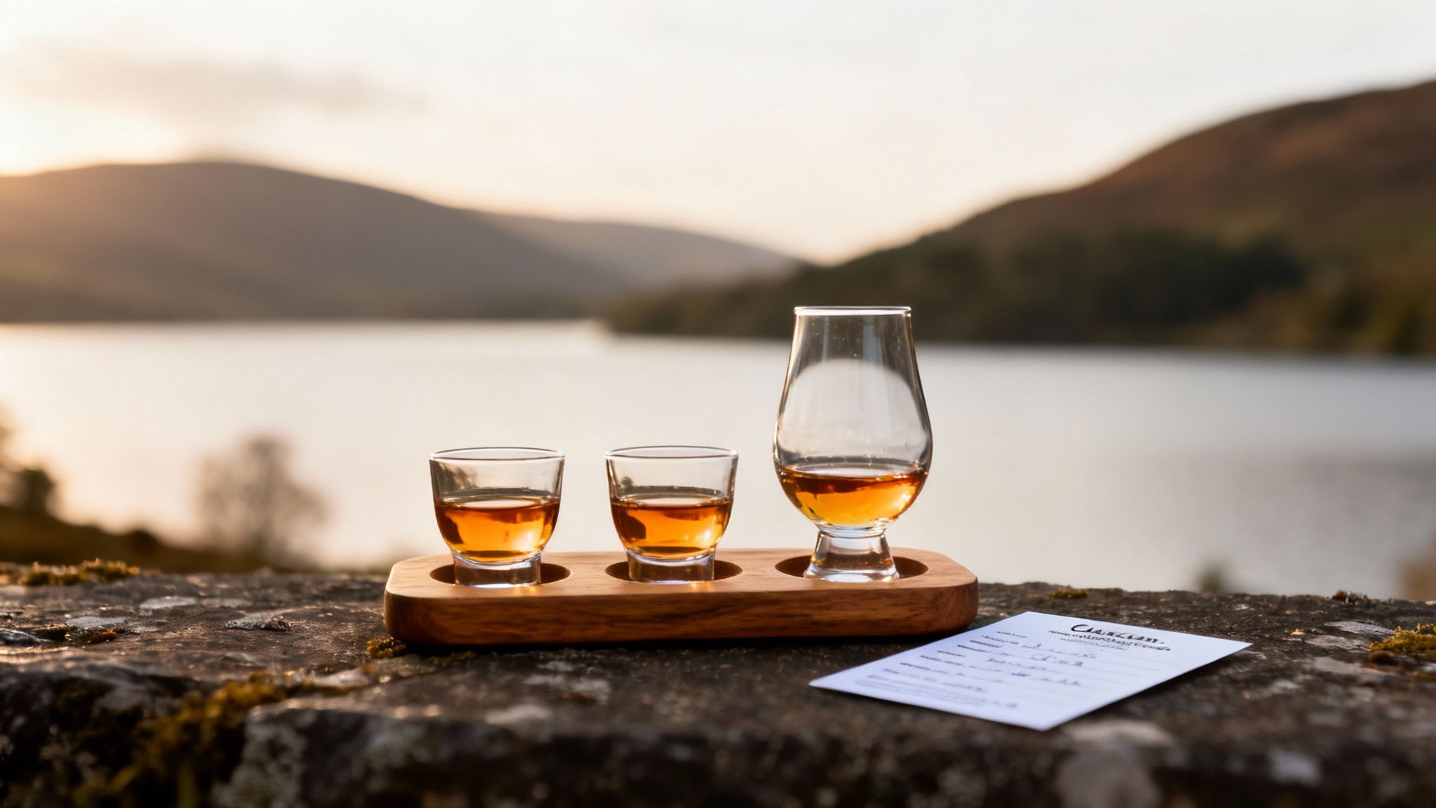 A picturesque whisky tasting experience overlooking a tranquil Scottish loch and majestic mountains at dusk.