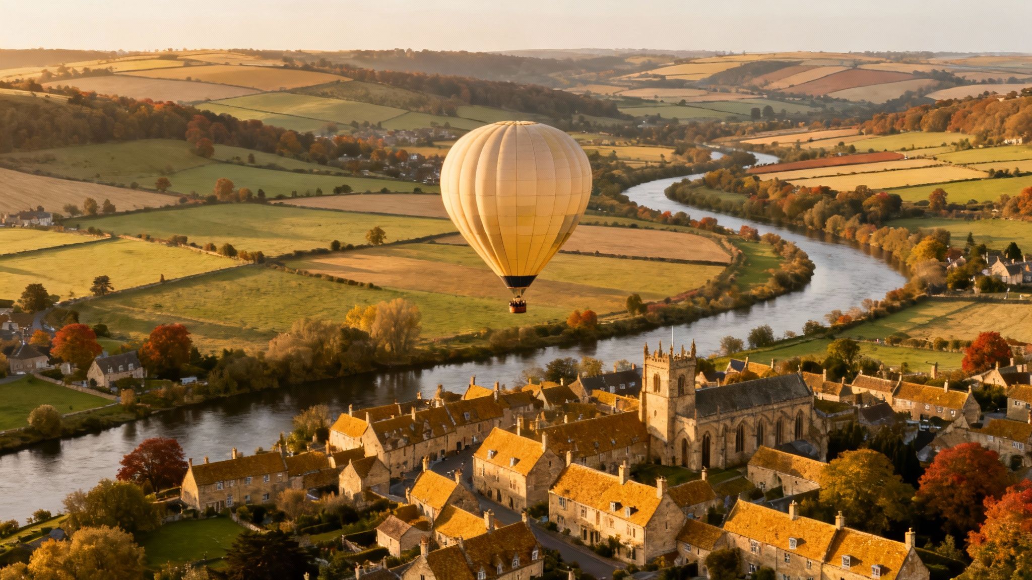 A hot air balloon floats over a quaint English village and winding river amid autumn fields at sunset.