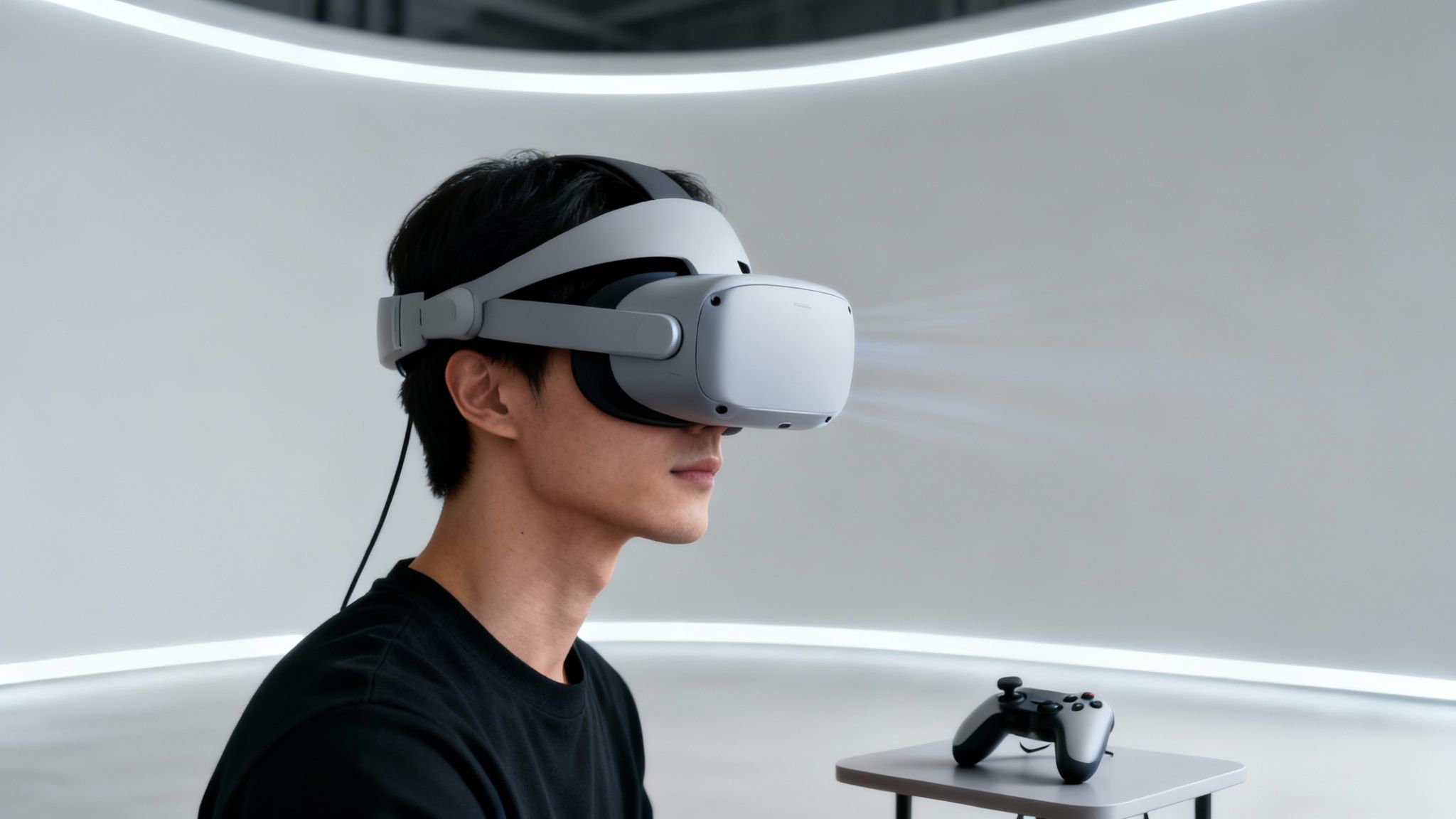 A young man wearing a light gray virtual reality headset, with a game controller nearby.