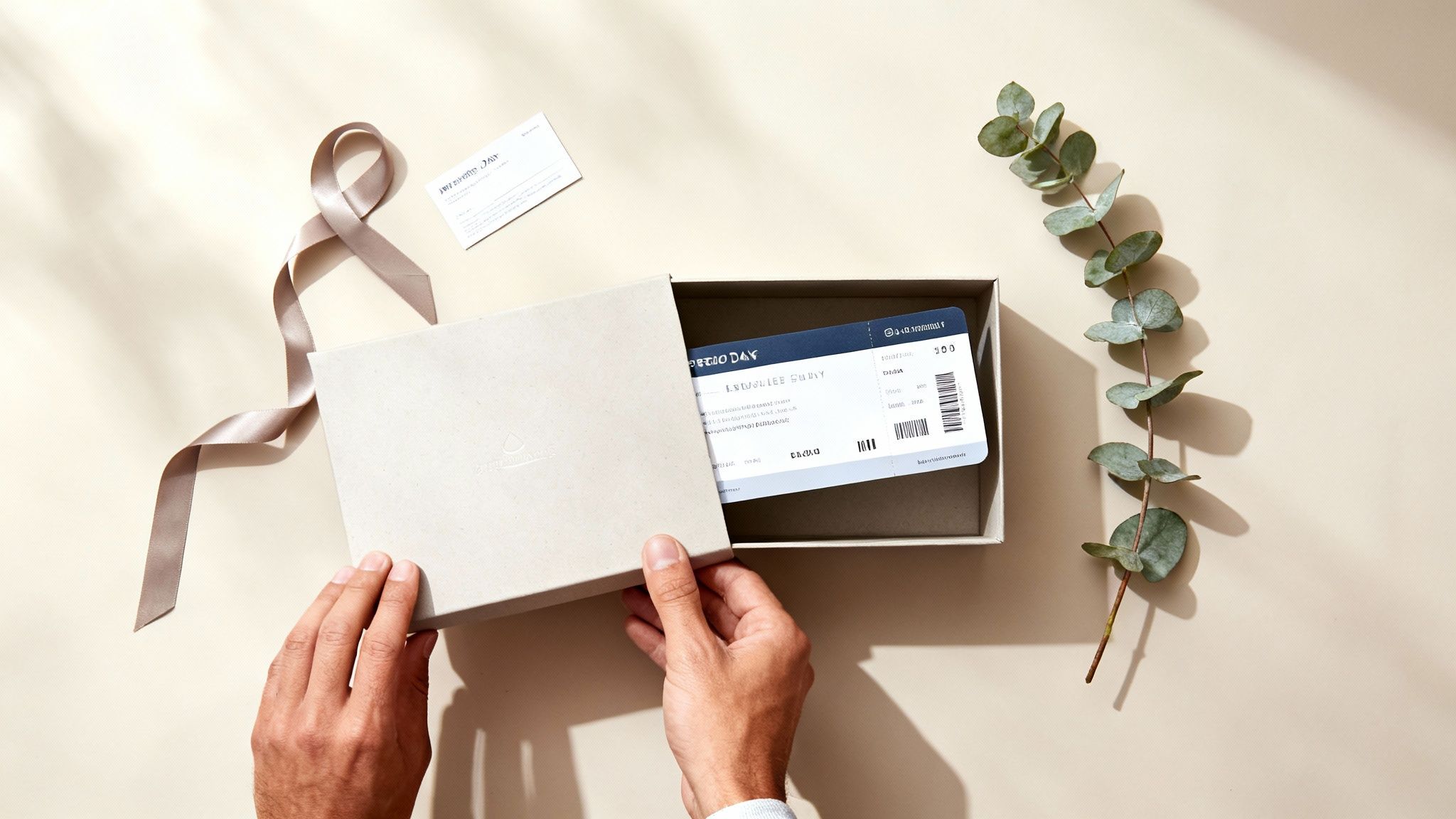 Hands opening a light gift box to reveal a plane ticket, with a ribbon and eucalyptus branch.