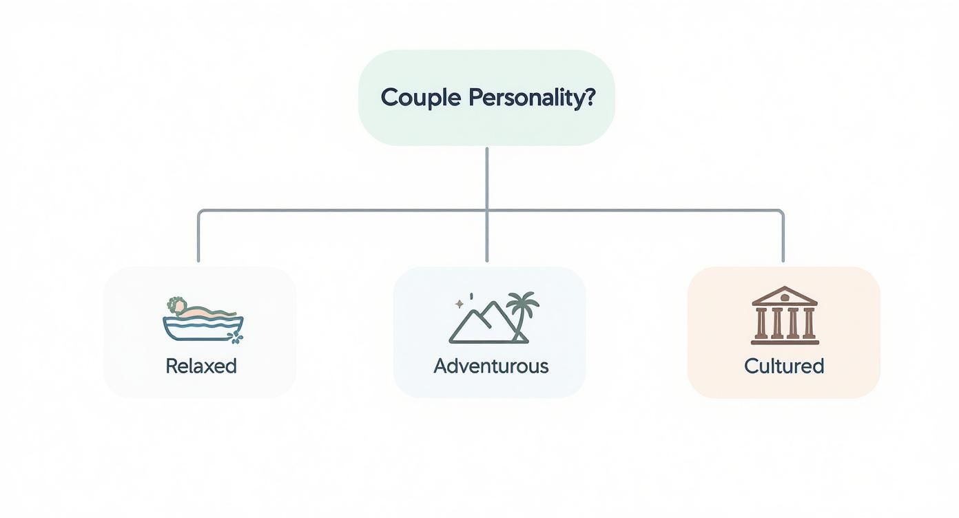 A diagram illustrating three couple personality types: Relaxed, Adventurous, and Cultured, with corresponding icons.