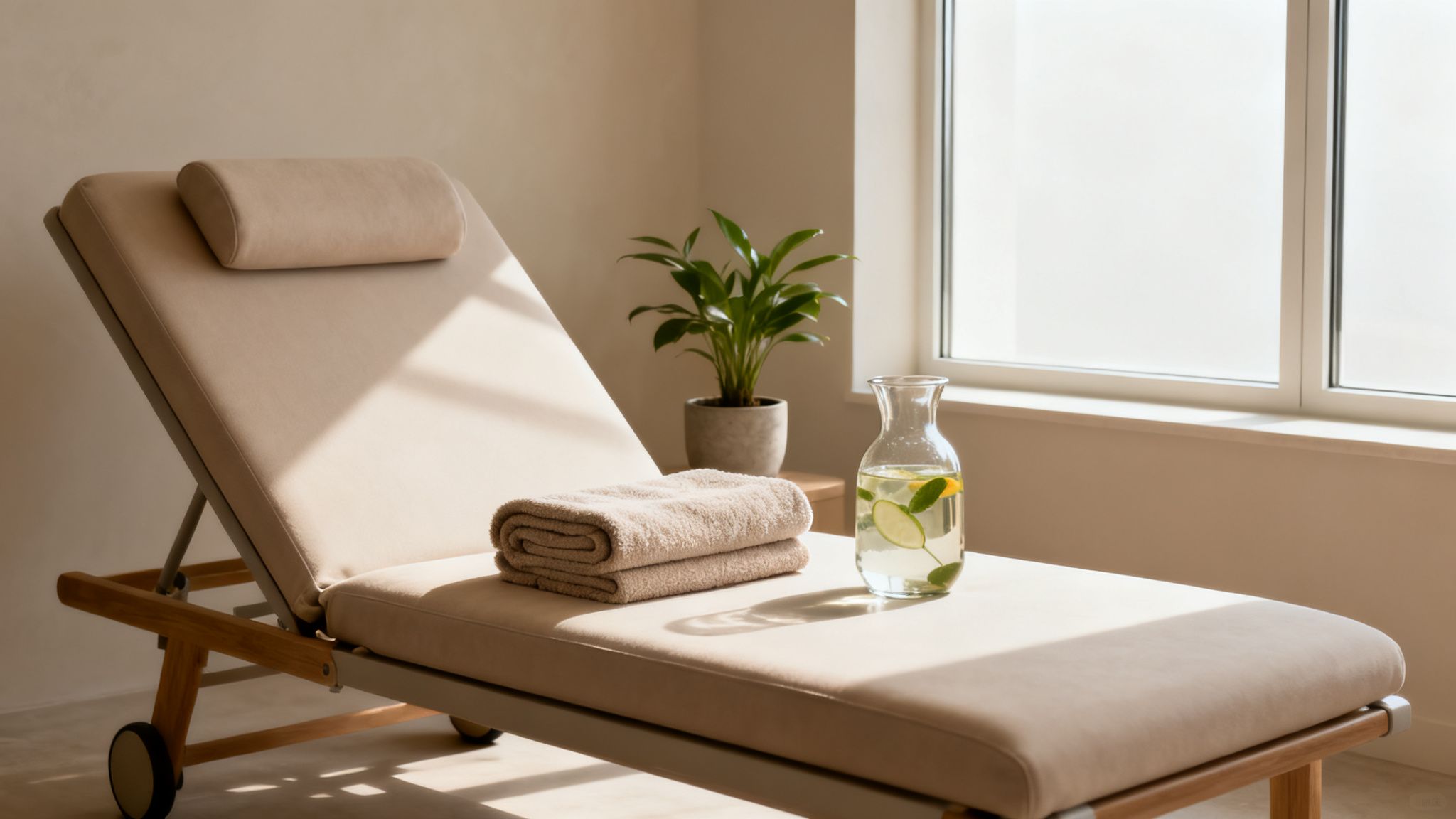A peaceful spa scene with a beige chaise lounge, folded towels, and refreshing infused water.