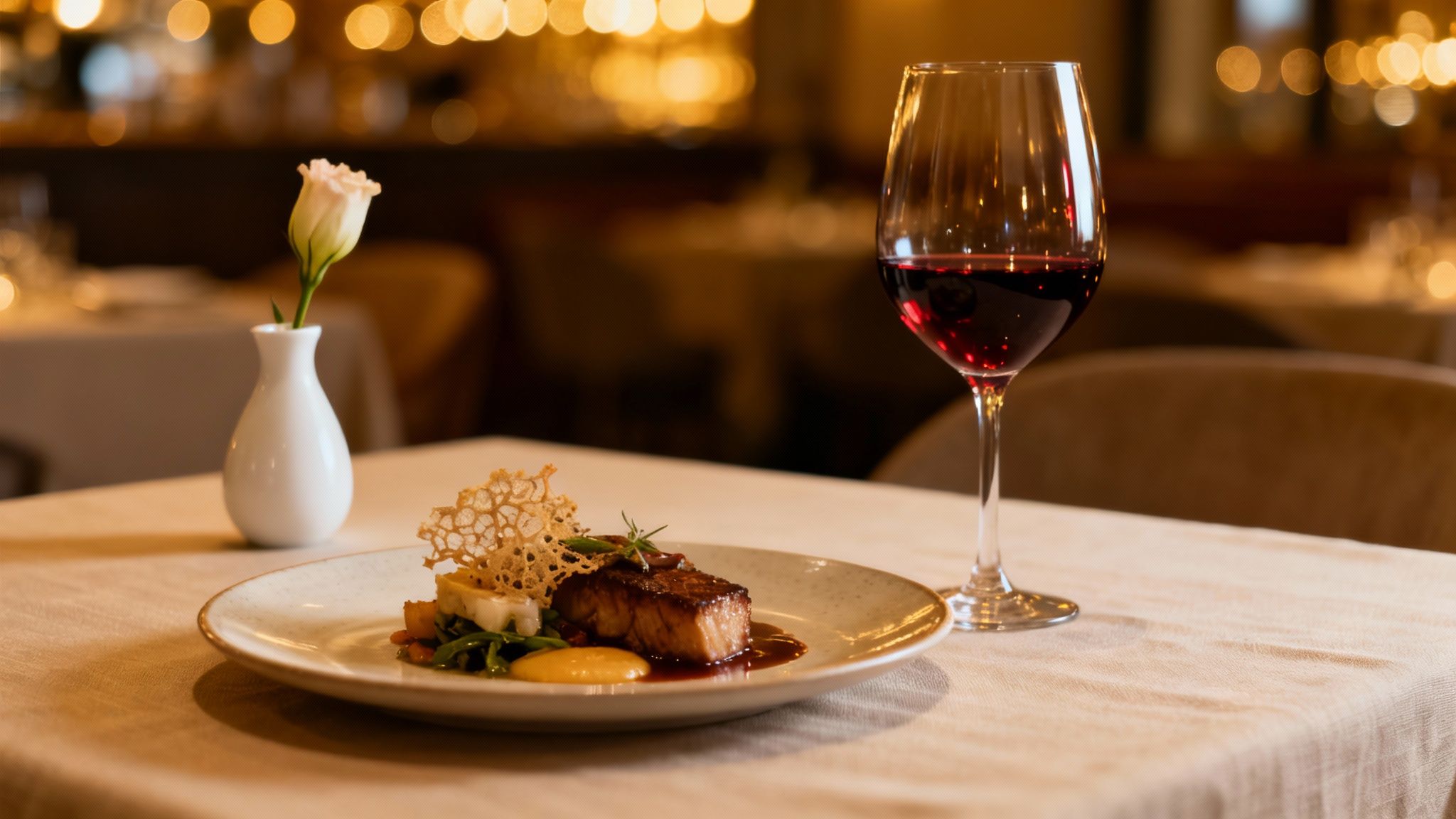 Gourmet steak dinner with red wine, a white flower, and bokeh lights in a romantic restaurant.
