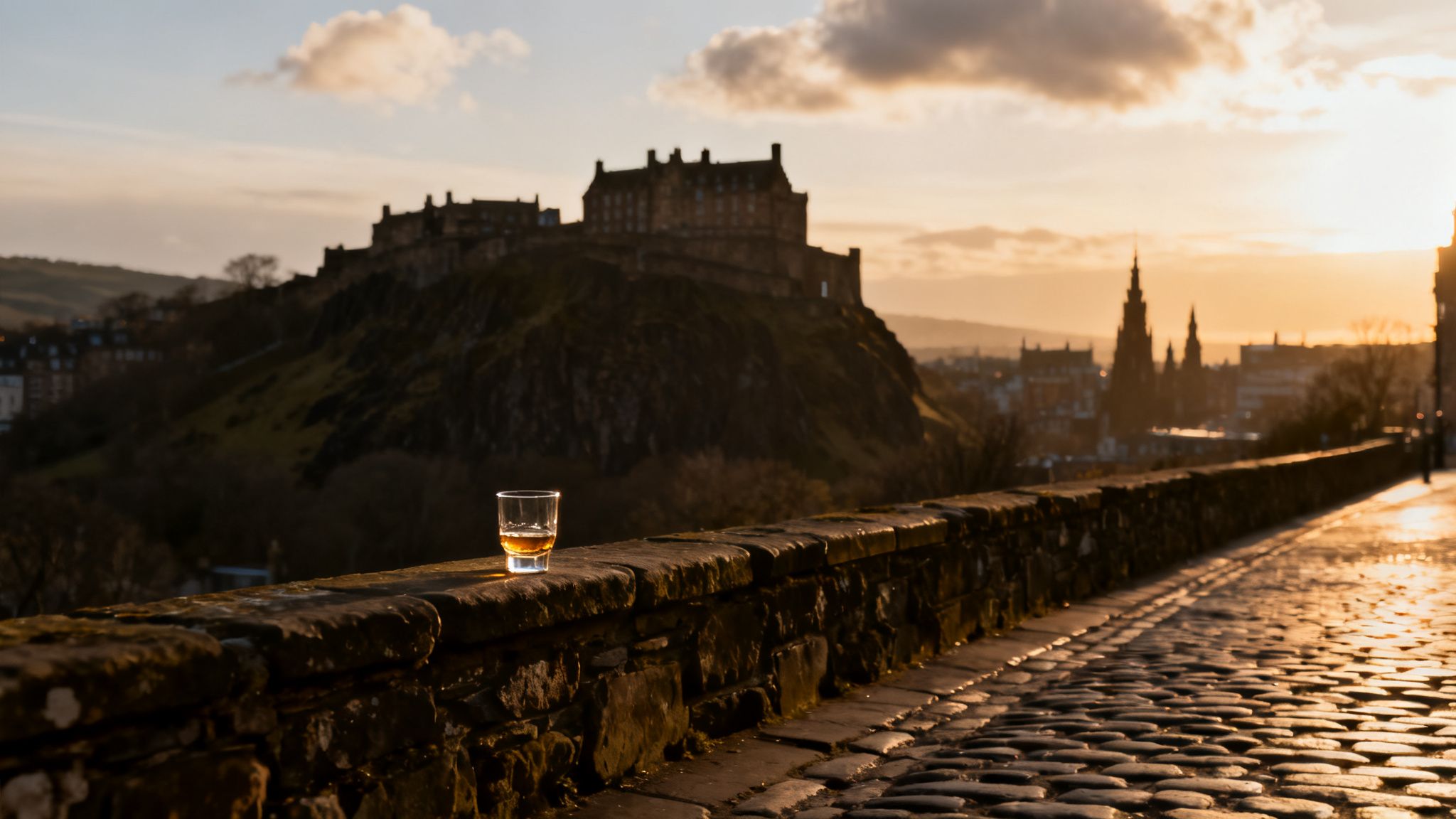 A glass of amber liquid rests on a stone wall overlooking Edinburgh Castle and city at sunset.