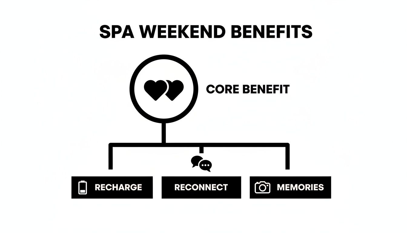 Diagram showing spa weekend benefits: core connection, recharge, reconnect, and lasting memories.