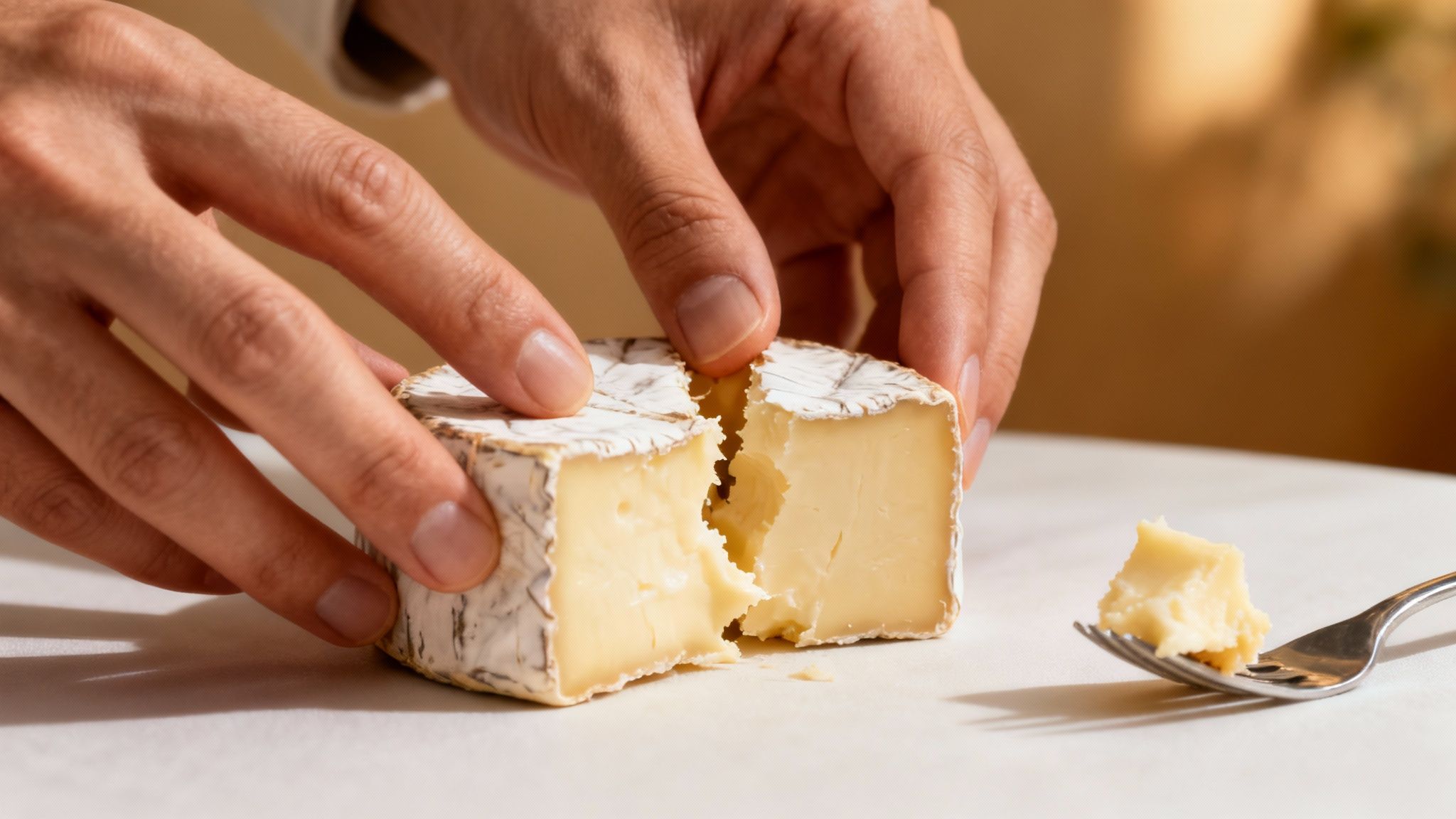 Hands gently breaking open a round of creamy brie cheese, with a piece on a fork.