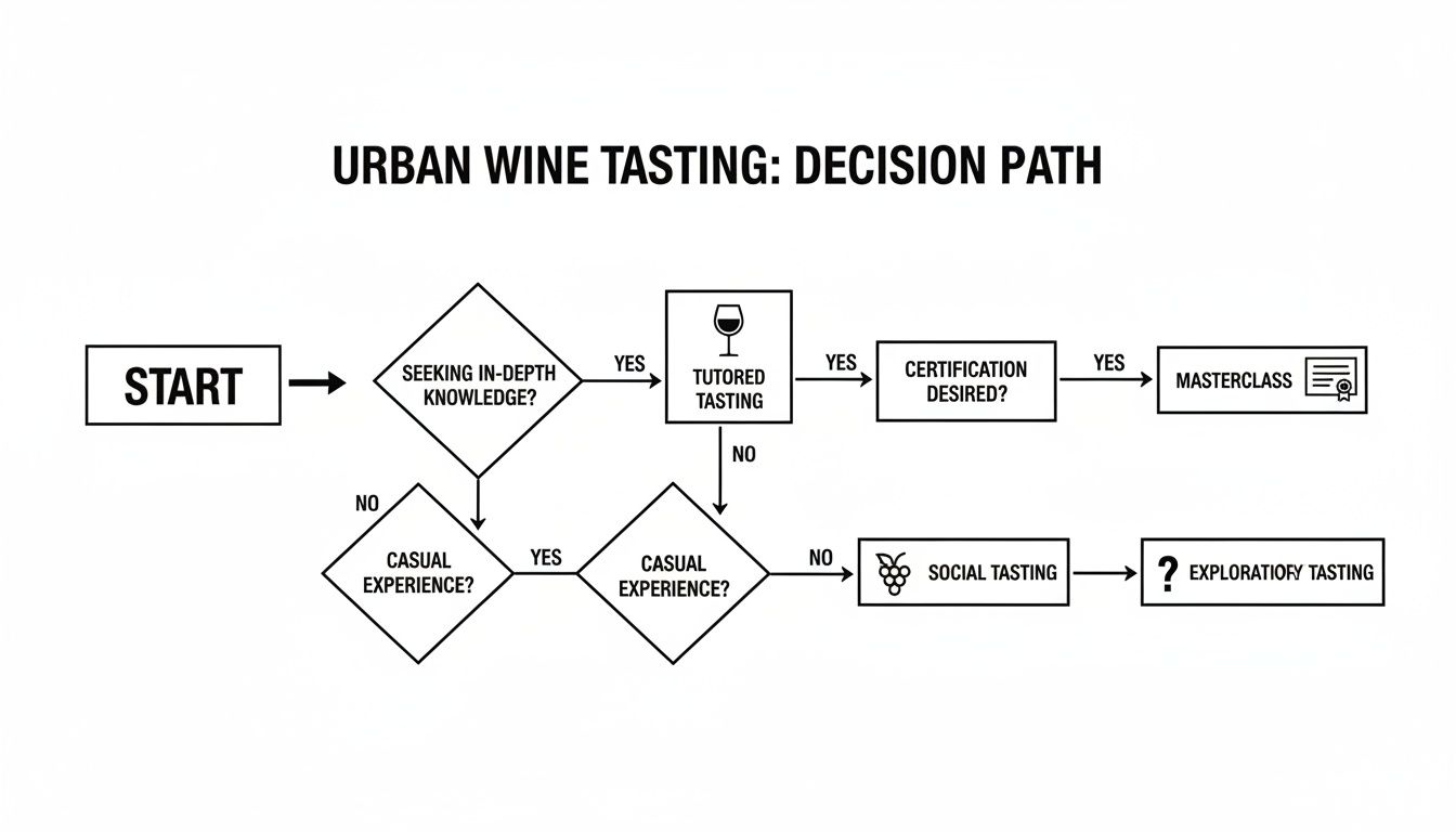 A flowchart titled 'Urban Wine Tasting: Decision Path' guiding choices from start to masterclass, social, or exploratory tasting.