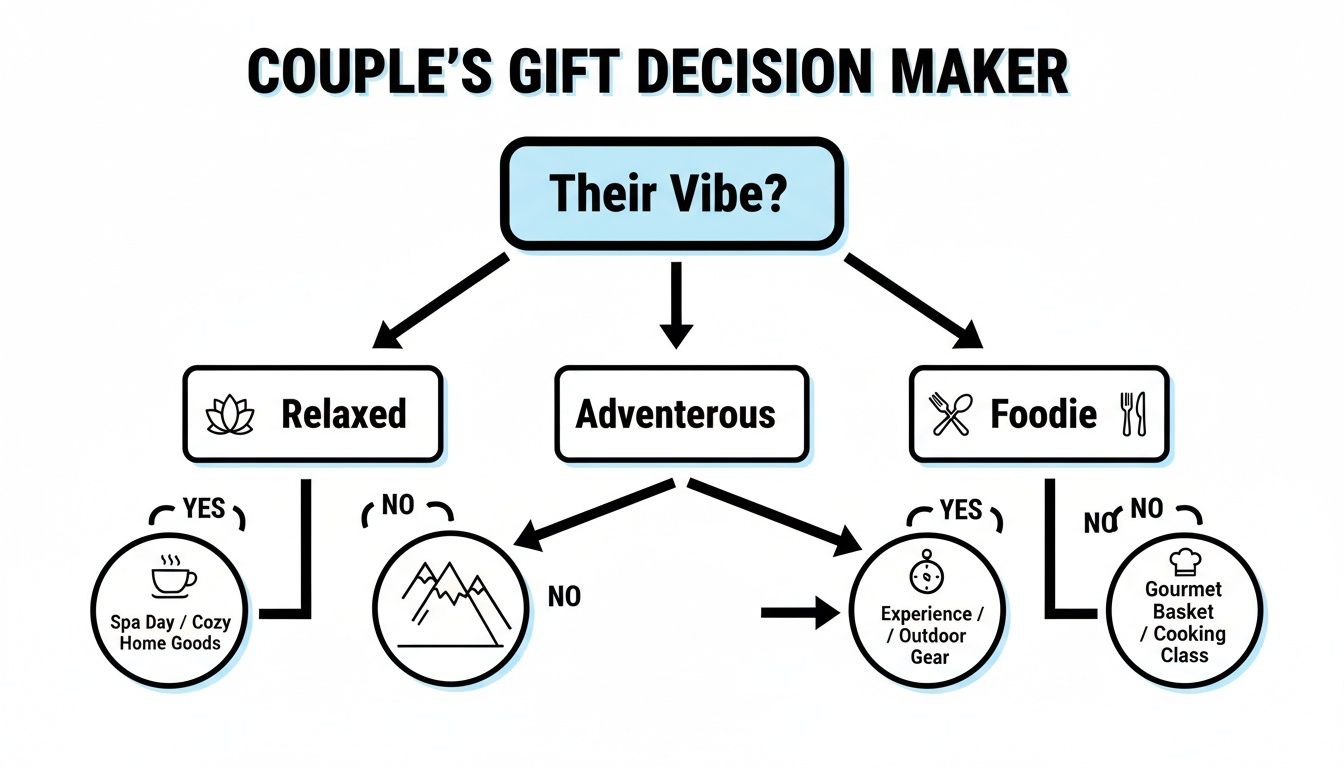 A flowchart titled "Couple's Gift Decision Maker" helps choose gifts based on whether the couple is Relaxed, Adventurous, or Foodie.