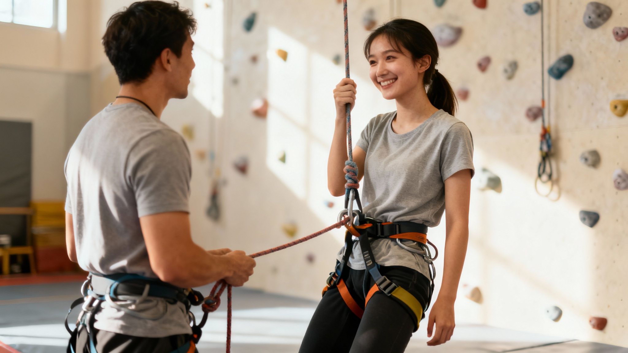 A climbing instructor helps a smiling student with her rope and harness at an indoor wall.