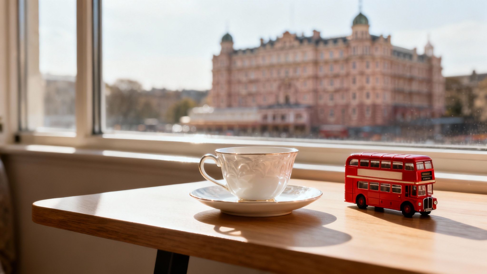 A white teacup and saucer, a red toy London bus on a sunlit wooden table, overlooking a blurred pink hotel building.