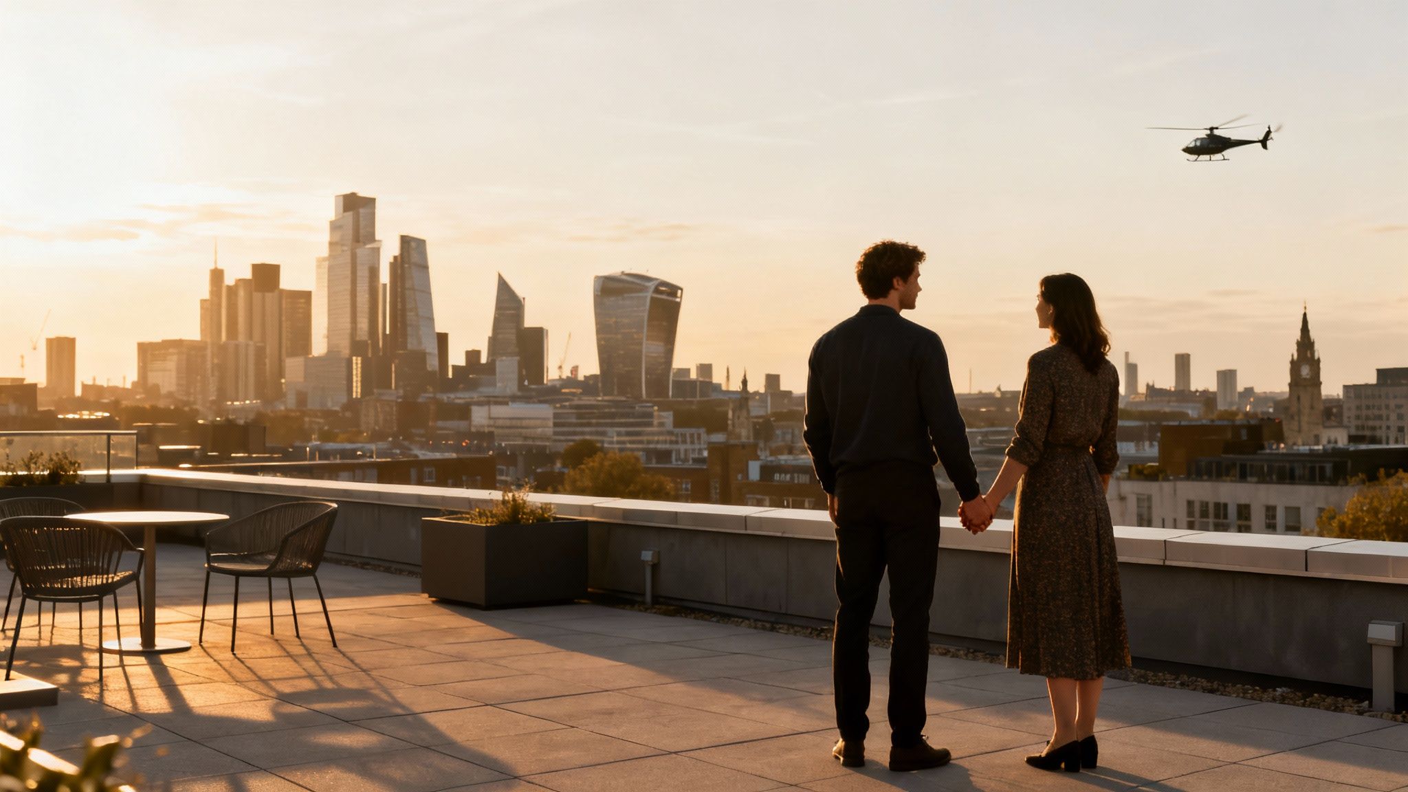 A couple holds hands on a rooftop, admiring a city skyline at sunset with a helicopter in the sky.