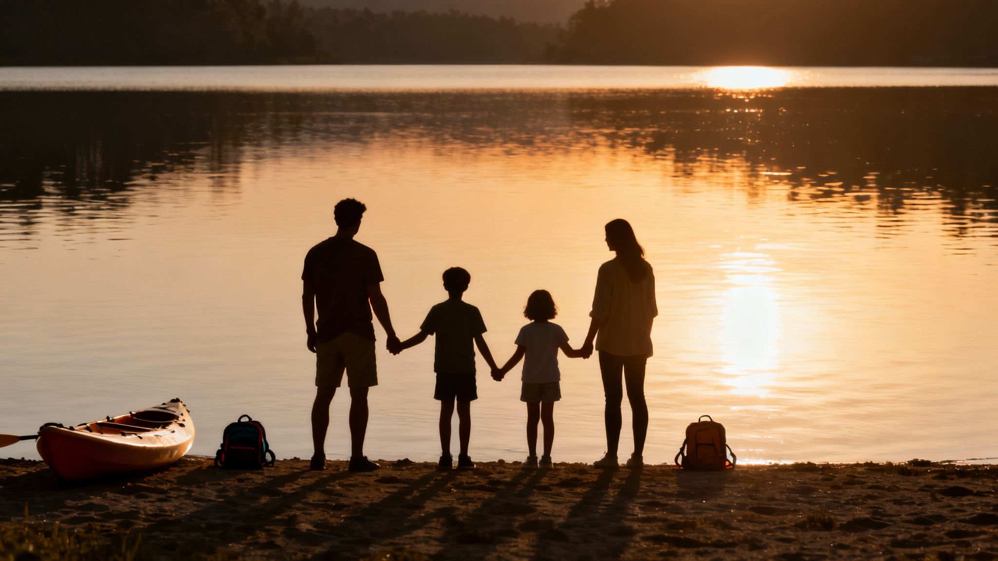 A family of four silhouetted, holding hands, on a lake shore at sunset with a kayak.