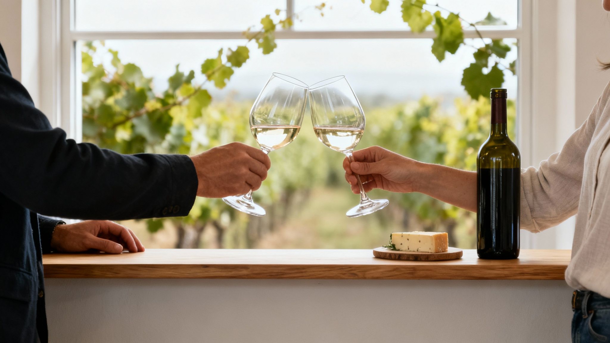 A couple toasts white wine glasses overlooking a vineyard from a window, with cheese.