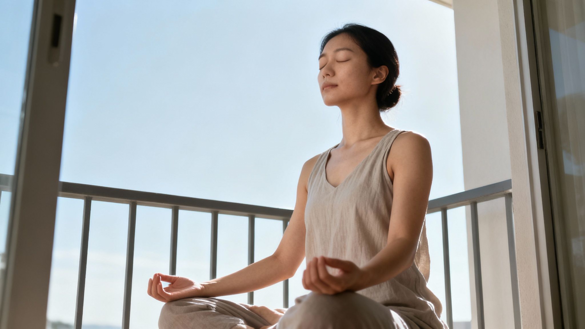 Woman practicing mindfulness meditation on balcony with eyes closed in peaceful morning light