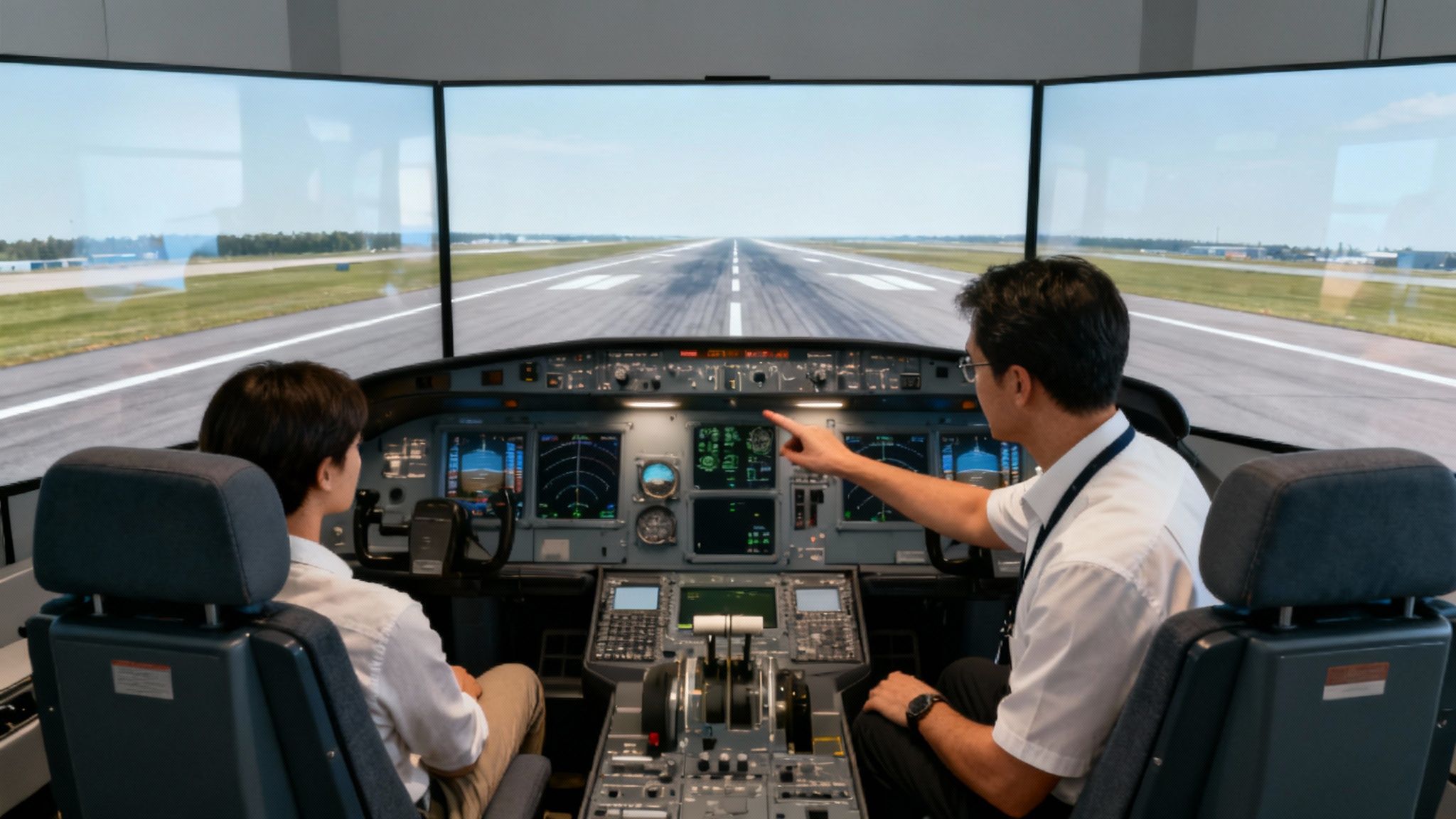 A person at the controls of a professional-grade flight simulator, looking at the immersive screens.