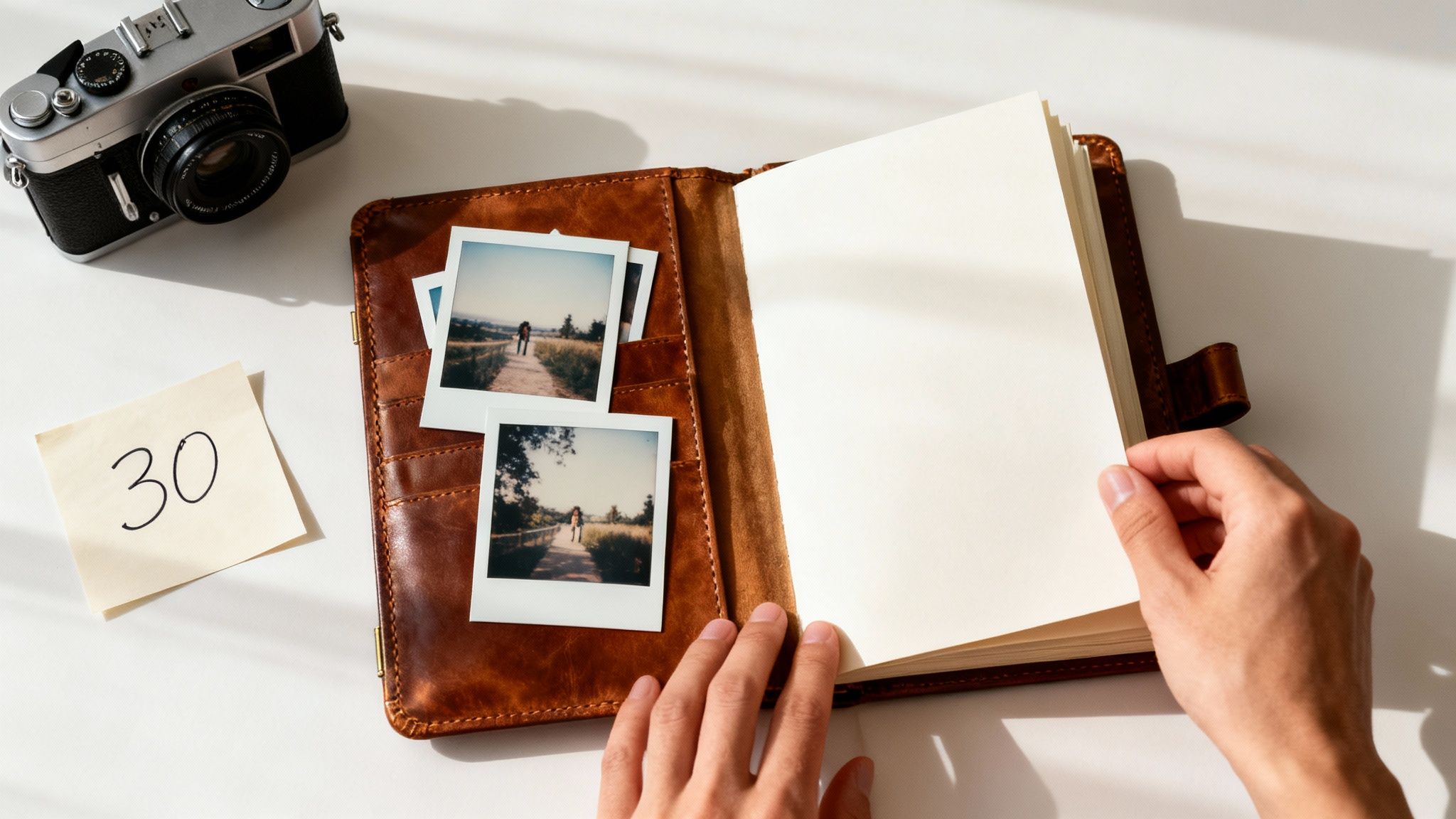 Hands turning a page in a leather journal filled with instant photos, next to a vintage camera and '30' note.