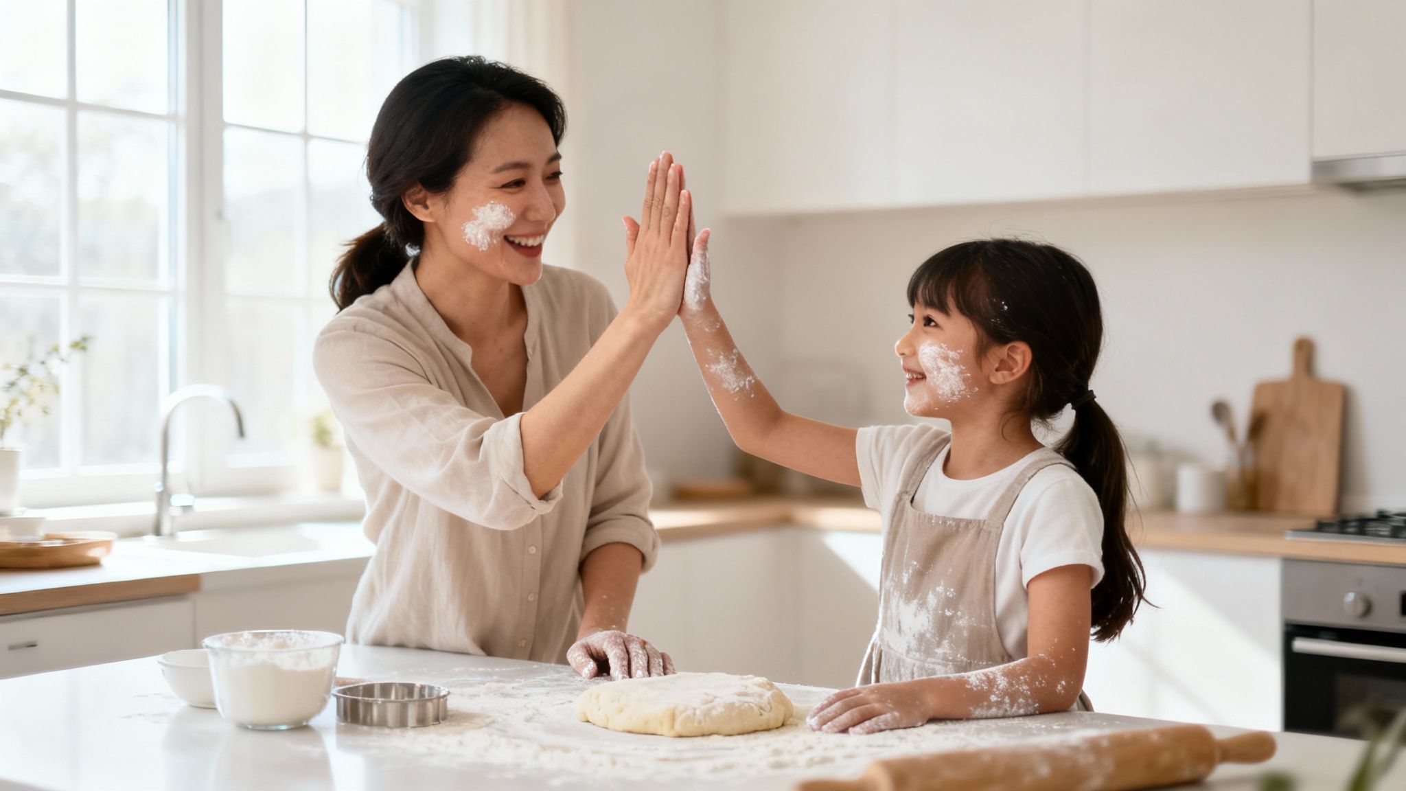 Smiling mother and daughter covered in flour give a high-five while baking in the kitchen.